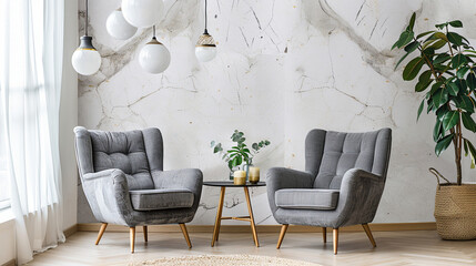 Scandinavian living room with two gray armchair on empty White alternating with cream wall background