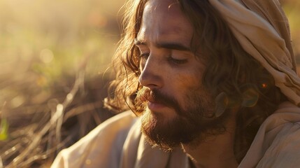 Poster - Close-up portrait of a man with long hair and beard, wearing a robe, looking down, with warm lighting.