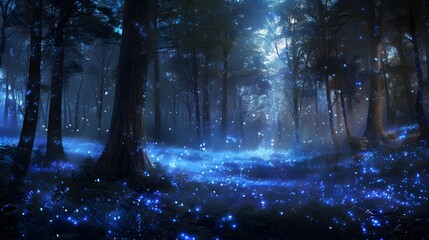 Canvas Print - Enchanted Forest at Night with Glowing Lights.