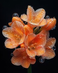 Sticker - A close-up of an orange flower with water droplets on its petals, isolated on a black background.