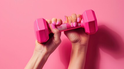 Wall Mural - A detailed photograph of a hand grasping a neon pink dumbbell, stylish pink nails, set against a solid pink background with subtle texture