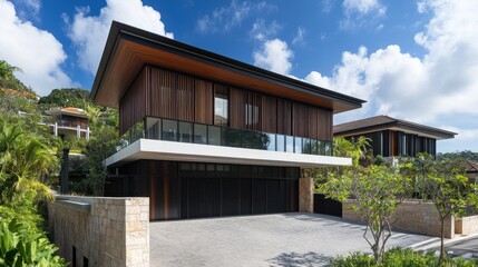 Poster - Modern home with a large driveway, a balcony, and a garage. The home is surrounded by lush greenery.