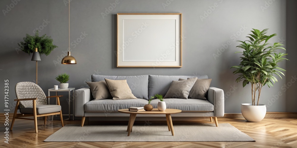 Minimalist Living Room Interior Design with Grey Sofa and Wooden Coffee ...