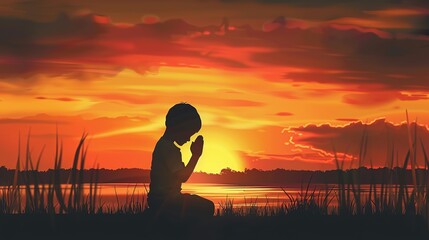 Silhouette of a Boy Praying at Sunset