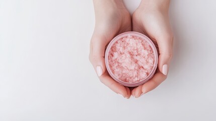 Soft hands cradling a container of luxurious body scrub, set against a clean white backdrop, ideal for promoting skincare and personal care products.