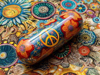 Wall Mural - A pill with a peace symbol on it is sitting on a colorful background. The pill is surrounded by a variety of flowers and other patterns, creating a vibrant and lively atmosphere