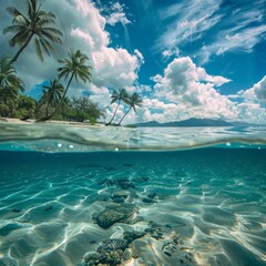 Wall Mural - Stunning tropical beach landscape with crystal clear waters and lush palm trees. A perfect blend of sky and underwater scenery. Ideal for travel, nature, and adventure projects. AI