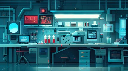 Poster - Imagine a vector graphic of a high-tech laboratory. Describe the equipment, gadgets, and overall design that suggest cutting-edge scientific research.