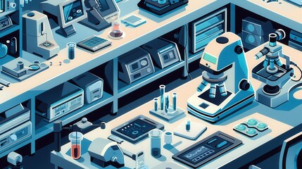 Poster - Imagine a vector graphic of a high-tech laboratory. Describe the equipment, gadgets, and overall design that suggest cutting-edge scientific research.