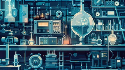 Poster - Imagine a vector graphic of a high-tech laboratory. Describe the equipment, gadgets, and overall design that suggest cutting-edge scientific research.