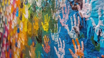 Imagine an art installation where visitors contribute handprints to a collective mural, symbolizing unity, diversity, and community participation in creating a shared visual narrative.