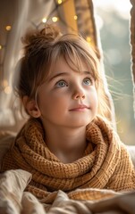 Wall Mural - A young girl with a scarf on her head and a smile on her face. Concept of warmth and comfort, as the girl is wrapped up in a cozy scarf and he is enjoying herself