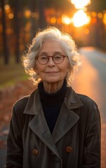 A woman with glasses and a gray coat is smiling at the camera. The image has a warm and friendly mood, as the woman is enjoying herself