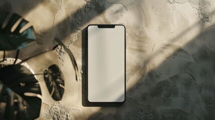Poster - A white phone is sitting on a concrete floor next to a plant