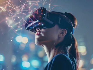 A woman wearing a virtual reality headset is looking up at a cityscape