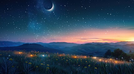 The crescent moon rising above a dreamy landscape of rolling hills and glowing flora under a starry sky