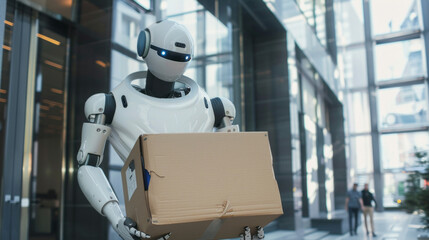 Aufkleber - A robot is holding a cardboard box in a large building