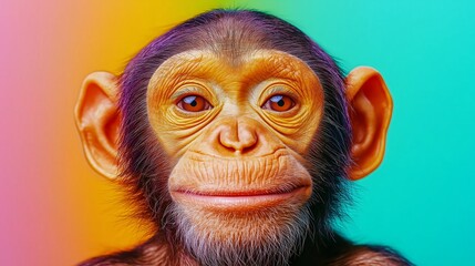 Wall Mural - A baby monkey with a big smile on its face. The monkey has a yellowish tint to its face and is looking at the camera