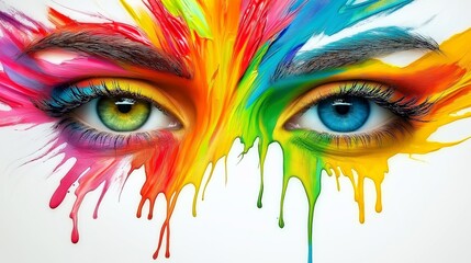 Wall Mural - A colorful face with rainbow colors splattered on it. The eyes are bright blue and green. The face is a work of art, with a vibrant and lively mood