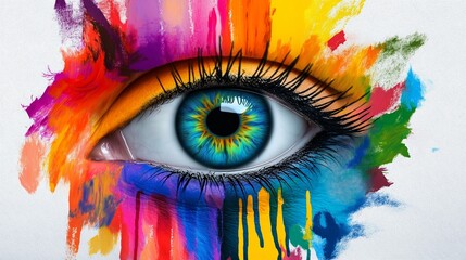 Wall Mural - A colorful eye with a rainbow of colors surrounding it. The eye is surrounded by a splash of paint, giving it a vibrant and artistic look