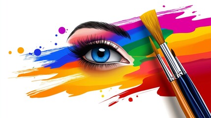 Wall Mural - A colorful painting of a woman's eye with a brush and palette