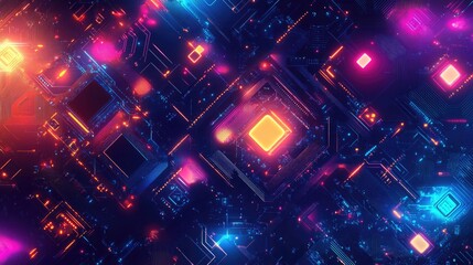 Poster - Abstract geometric shapes and patterns with digital circuits and glowing elements