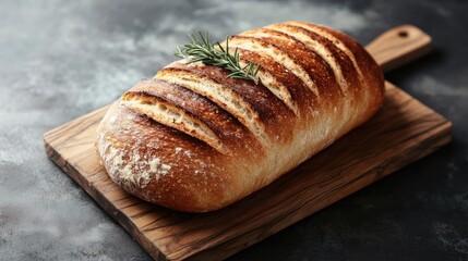 Freshly baked loaf of bread with a sprig of rosemary on a wooden cutting board