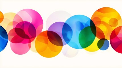Poster - A colorful line of circles with a rainbow of colors. The circles are all different sizes and are arranged in a way that creates a sense of movement and energy. Scene is one of joy and playfulness