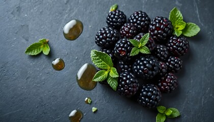 Wall Mural - A pile of fresh blackberries with green leaves on a dark background