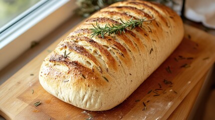 Freshly baked loaf of bread with a sprig of rosemary on a wooden cutting board