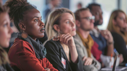 Diverse professionals debating key topics at a business seminar