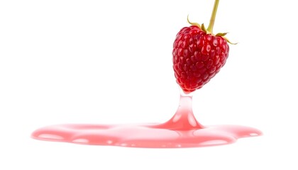 A close-up of a ripe, red strawberry dripping with juice on a white background