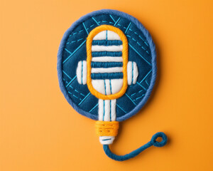 a colorful hand-stitched microphone design displays intricate embroidery details against a bright or
