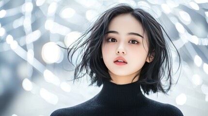 Canvas Print - Young woman with short black hair looking at the camera, with a blurry background of white lights.