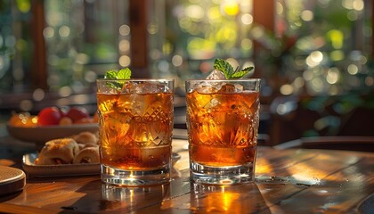 Two chilled glasses of iced tea placed on a table.