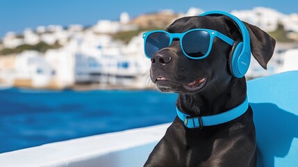 Wall Mural - A black dog wearing sunglasses and headphones is sitting on a boat in the ocean. The dog appears to be enjoying the ride and is smiling