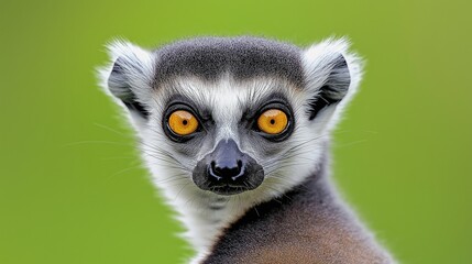 Wall Mural - A baby lemur with yellow eyes stares at the camera. The animal has a black nose and a white face