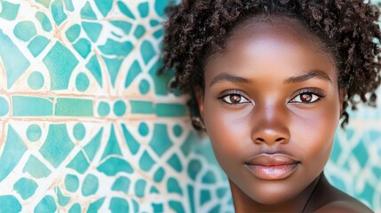 Sticker - Close up portrait of a young woman with brown eyes and curly dark hair, looking at the camera with a serious expression.