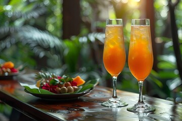 Sticker - Two glasses of fresh orange juice sit on a table, accompanied by slices of fruit.