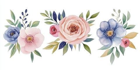 Wall Mural - set of hand drawn watercolor flowers soft pastel color