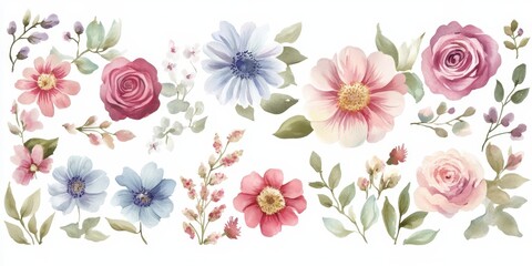 Wall Mural - set of hand drawn watercolor flowers soft pastel color