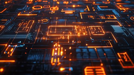 Poster - Top view of a digital communication interface with abstract glowing lines and tech symbols