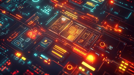 Poster - Top view of a digital communication interface with abstract glowing lines and tech symbols