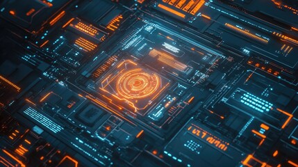 Poster - Top view of a digital communication interface with abstract glowing lines and tech symbols