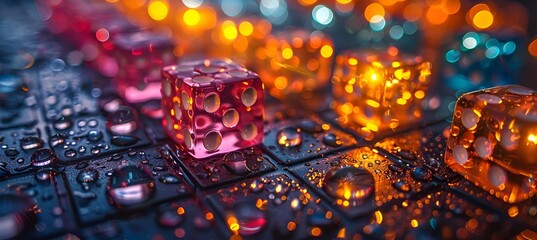 Sticker - A close-up of colorful dice scattered on a table, glistening with water drops.