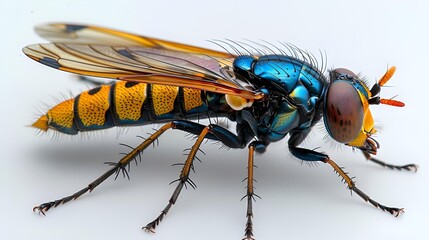 Canvas Print - A close-up of a fly showcasing its vibrant blue and yellow wings.