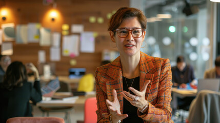 Female entrepreneur leading a tech innovation session in a creative office