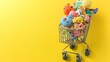 © kazitafahnizeer - A colorful shopping cart filled with plush toys against a bright yellow background, perfect for children's themes.