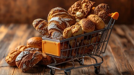 Freshly baked bread and pastries in a shopping cart on a rustic wooden table, showcasing delicious bakery items.