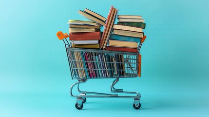 Colorful books piled in a shopping cart against a vibrant background, symbolizing knowledge and retail shopping.